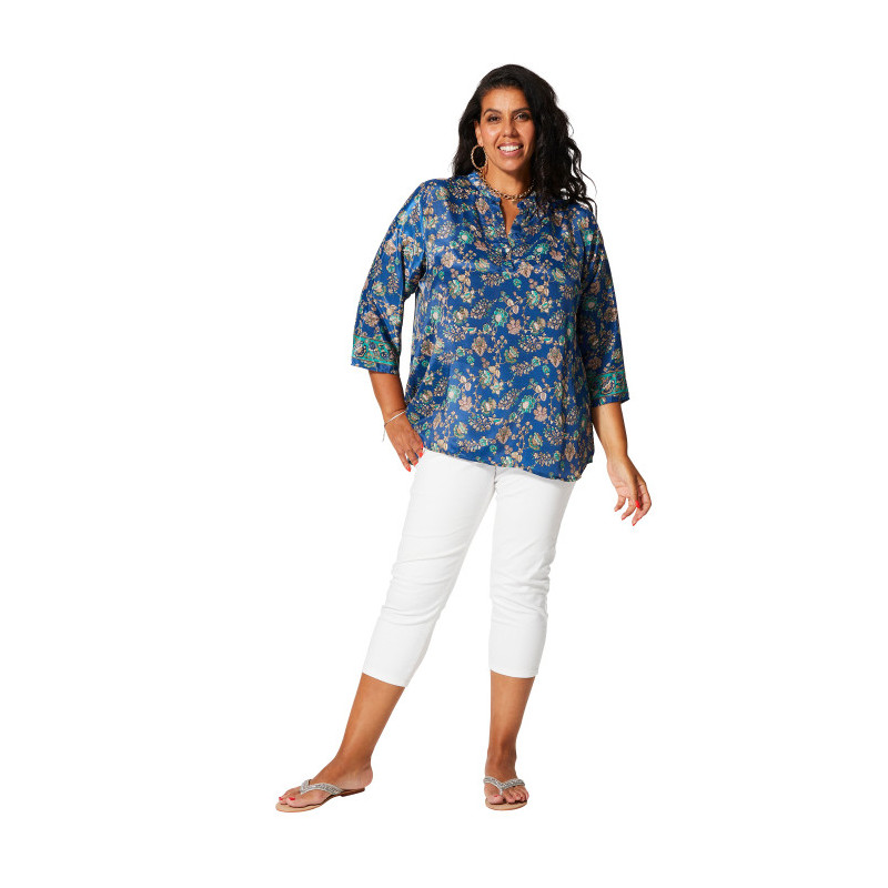 Tunique grande taille manches 3/4 - Imprimé fleuri bleu | Mode confort