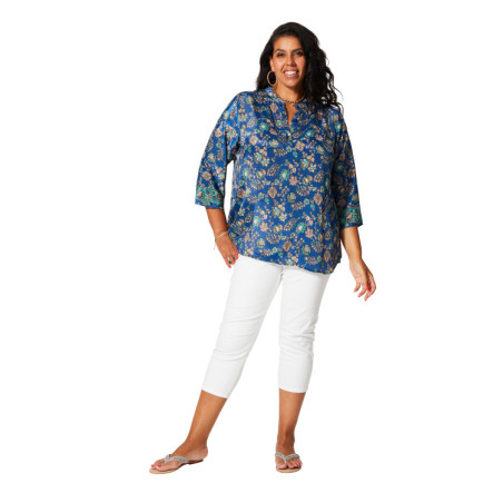 Tunique grande taille manches 3/4 - Imprimé fleuri bleu | Mode confort