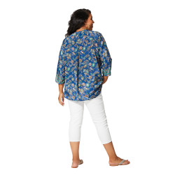 Tunique grande taille manches 3/4 - Imprimé fleuri bleu | Mode confort