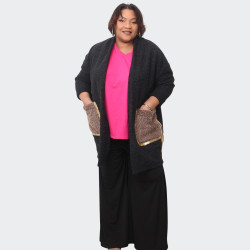 Cardigan noir grande taille avec poches effet fourrure, confort