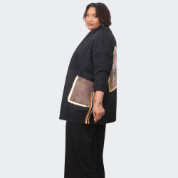 Cardigan noir grande taille avec poches effet fourrure, confort