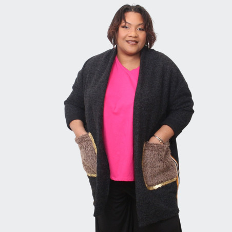 Cardigan noir grande taille avec poches effet fourrure, confort