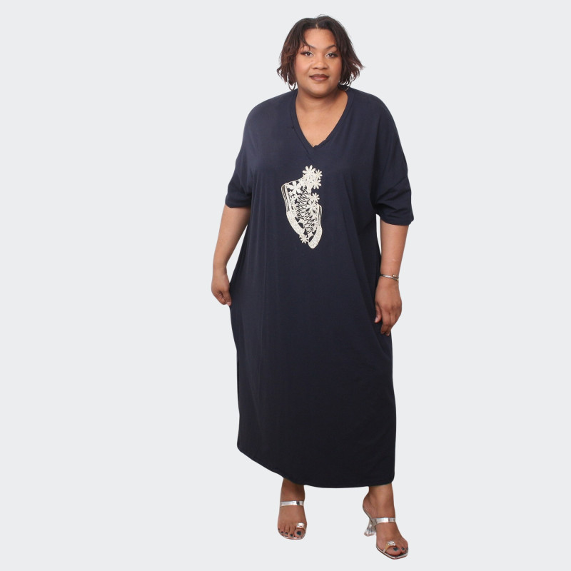 Robe Longue Bleu Marine avec Broderie pour Grandes Tailles – Élégance