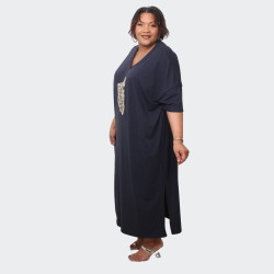 Robe Longue Bleu Marine avec Broderie pour Grandes Tailles – Élégance