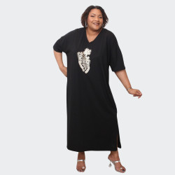 Robe Longue noir avec Broderie pour Grandes Tailles – Élégance