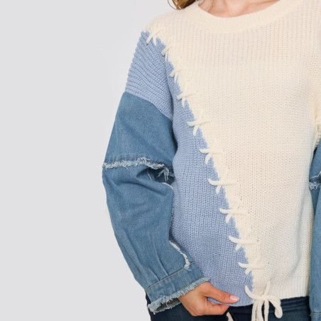 Pull en Maille Bicolore Grande Taille avec Manches en Denim