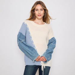 Pull en Maille Bicolore Grande Taille avec Manches en Denim