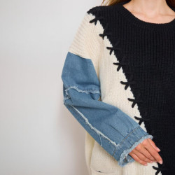 Pull en Maille Bicolore Grande Taille avec Manches en Denim