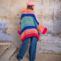 Gilet long en maille ajourée Zoé bandes colorées Corail