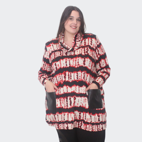 Pull Long Grandes Tailles Rouge et Noir avec Col Châle