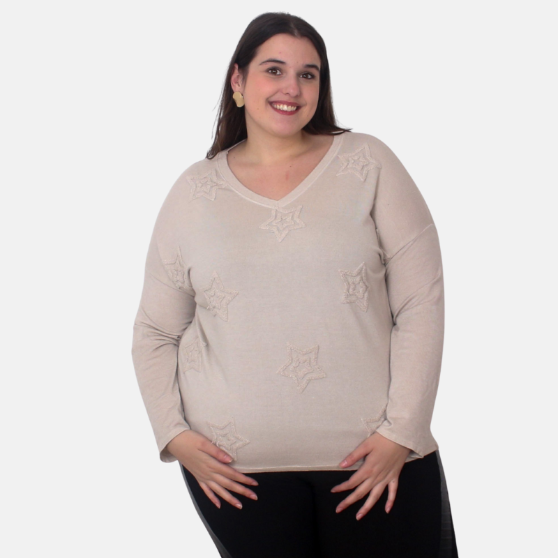 Pull beige grande taille avec étoiles brodées | Envy de Live