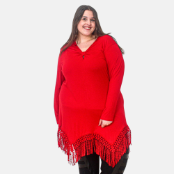 Tunique Longue Rouge Grandes Tailles avec Franges Élégantes