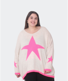 Pull beige grande taille avec étoile rose fluo | Envy de Live