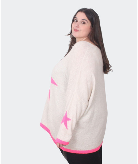 Pull beige grande taille avec étoile rose fluo | Envy de Live