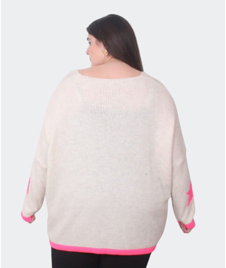 Pull beige grande taille avec étoile rose fluo | Envy de Live