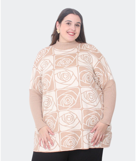 Pull Beige Grandes Tailles avec Motifs Roses| Envy de Live