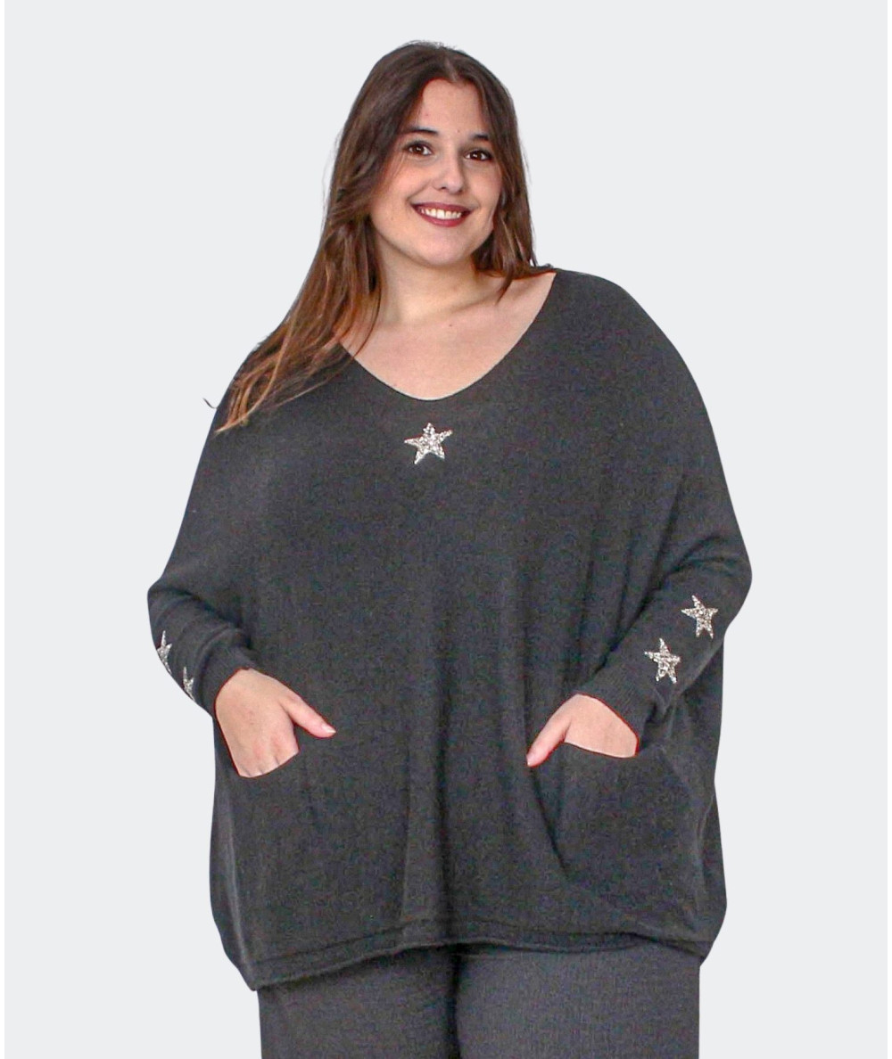 Pull Noir Grandes Tailles avec Strass Étoiles Argentées - Envy de Live