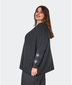 Pull Noir Grandes Tailles avec Strass Étoiles Argentées - Envy de Live