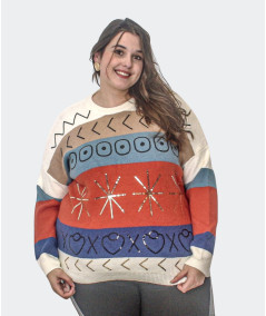 Pull Multicolore Grandes Tailles avec Motifs Graphiques et Sequins