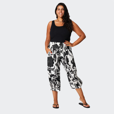 Pantalon Blanc à Fleurs Noires Grande Taille Femme | Envy de Live