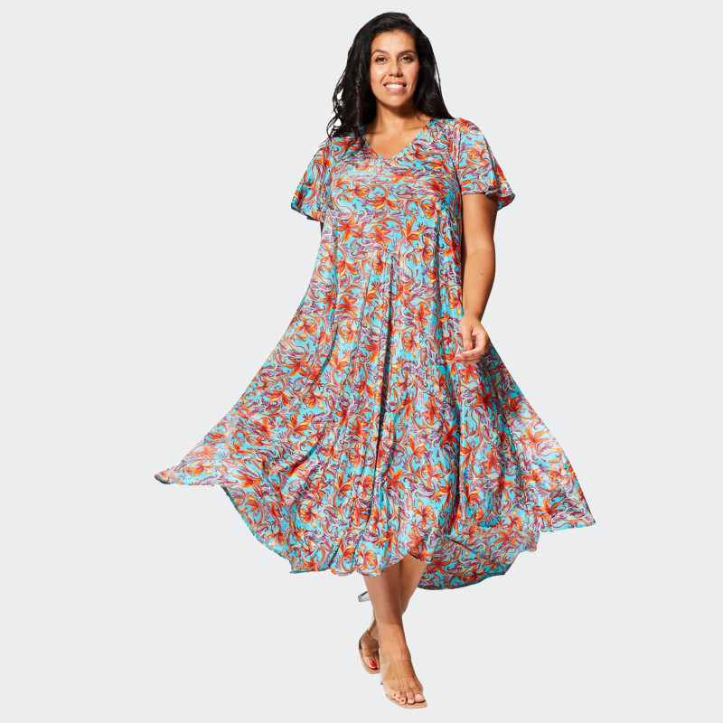 Robe Col V Été Turquoise Orange Grande Taille | Envy de Live